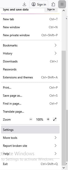 Firefox Settings Menu